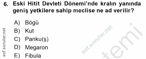 6. soru: Eski Hitit Devleti Dönemi'nde kralın yanında geniş yetkilere sahip meclise ne ad verilir? A) Böü B) Kut C) Panku($) e…