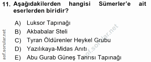 11. soru: Aşağıdakilerden hangisi Sümerler'e ait eserlerden biridir? A) Luksor Tapınağı Pou. B) Akbabalar Steli C) Tyran Oldüre…