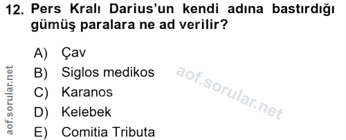 12. soru: Pers Kralı Daris'un kendi adına bastırdığı gümüş paralara ne ad verilir? A) Çav B) Siglos medikos C) Karanos D) Keleb…
