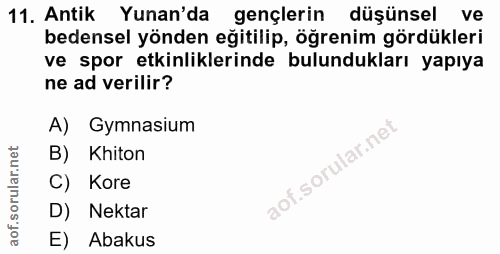 11. soru: Antik Yunan'da gençlerin düşünsel ve bedensel yönden eğitilip, öğrenim gördükleri ve spor etkinliklerinde bulunduklar…
