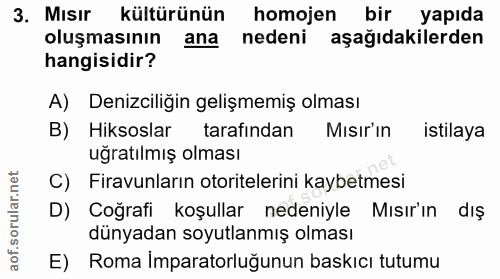 3. soru: Mısır kültürünün homojen bir yapıda oluşmasının ana nedeni aşağıdakilerden hangisidir? A) Denizciliğin gelişmemiş olm…