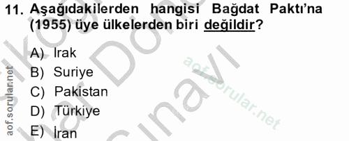 11. soru: Aşağıdakilerden hangisi Bağdat Paktı'na (1955) üye ülkelerden biri değildir? A). Irak B) Suriye C) Pakistan rular.net…