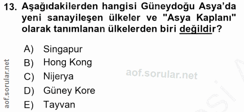 13. soru: Aşağıdakilerden hangisi Güneydoğu Asya'da yeni sanayileşen ülkeler ve "Asya Kaplanı" olarak tanımlanan ülkelerden bir…