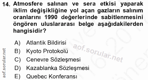14. soru: Atmosfere salınan ve sera etkisi yaparak iklim değişikliğine yol açan gazların salınım oranlarını 1990 değerlerinde s…