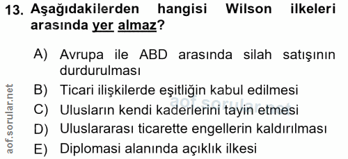 13. soru: Aşağıdakilerden hangisi Wilson ilkeleri arasında yer almaz? A) Avrupa ile ABD arasında silah satışının durdurulması B…