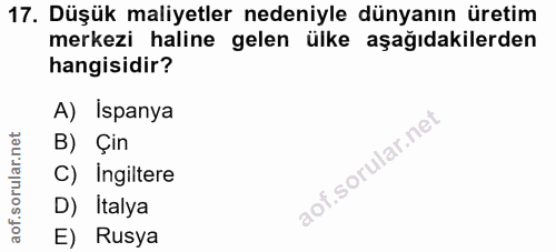 17. soru: Düşük maliyetler nedeniyle dünyanın üretim merkezi haline gelen ülke aşağıdakilerden hangisidir? A) Ispanya B) Çin C)…