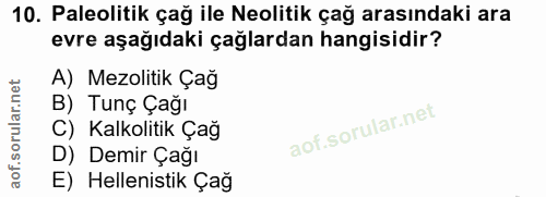 10. soru: Paleolitik çağ ile Neolitik çağ arasındaki ara evre aşağıdaki çağlardan hangisidir? A) Mezolitik Çağ B) Tunç Çağı C)…