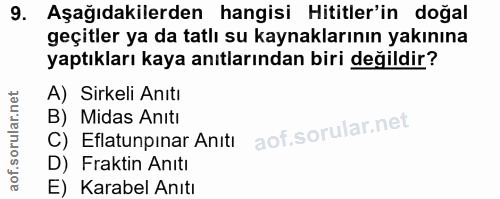 9. soru: Aşağıdakilerden hangisi Hititler'in doğal geçitler ya da tatlı su kaynaklarının yakınına yaptıkları kaya anıtlarından…