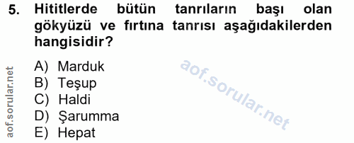 5. soru: Hititlerde l bütün tanriların başı olan gökyüzü ve fırtına tanrısı aşağıdakilerden hangisidir? A) Marduk B) Teşup C)…
