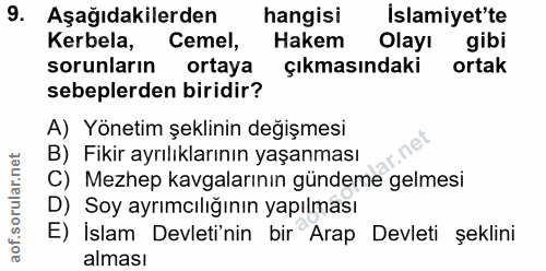 9. soru: Aşağıdakilerden hangisi İslamiyet'te Kerbela, Cemel, Hakem Olayı gibi sorunların ortaya çıkmasındaki ortak sebeplerde…