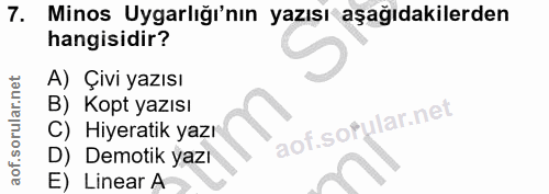 7. soru: Minos Uygarlığı'nın yazışı aşağıdakilerden hangisidir? A) Çıvı yazısı B) Kopt yazısı aof.sofular.net C) Hiyeratik yaz…
