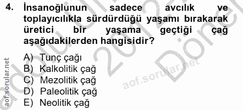 4. soru: İnsanoğlunun sadece avcılık ve toplayıcılıkla sürdürdüğü yaşamı bırakarak üretici bir yaşama geçtiği çag aşağıdakiler…
