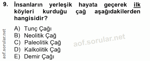 9. soru: Insanların yerleşik hayata geçerek ilk köyleri kurduğu çağ aşağıdakilerden hangisidir? A) Tunç Çağı B) Neolitik Çağ C…
