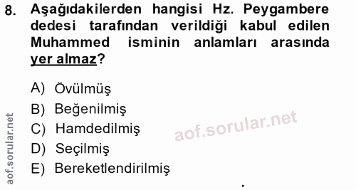 8. soru: Aşağıdakilerden hangisi Hz. Peygambere dedesi tarafından verildiği kabul edilen Muhammed isminin anlamları arasında y…