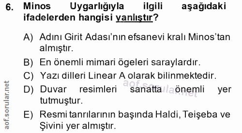 6. soru: Minos Uygarlığıyla ilgili aşağıdaki ifadelerden hangisi yanlıştır? A) Adını Girit Adası'nın efsanevi kralı Minos'tan…