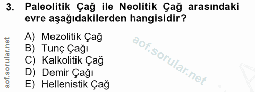 3. soru: Paleolitik Çağ ile Neolitik Çağ arasındaki evre aşağıdakilerden hangisidir? A) Mezolitik Çağ B) Tunç Çağı C) Kalkolit…