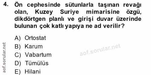4. soru: Ön cephesinde sütunlarla taşınan revağı olan, Kuzey Suriye mimarisine özgü, dikdörtgen planlı ve girişi duvar üzerind…