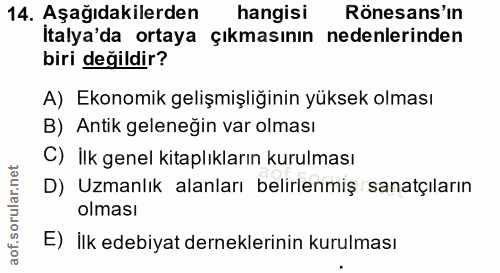 14. soru: Aşağıdakilerden hangisi Rönesans'in Italya'da ortaya çıkmasının nedenlerinden biri değildir? A) Ekonomik gelişmişliği…