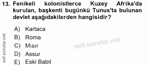 13. soru: Fenikeli kolonistlerce Kuzey Afrika'da kurulan, başkenti bugünkü Tunus'ta bulunan devlet aşağıdakilerden hangisidir?…