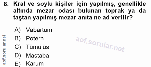8. soru: Kral ve soylu kişiler için yapılmış, genellikle altında mezar odası bulunan toprak ya da taştan yapılmış mezar anıta…