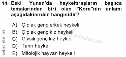 14. soru: Eski Yunan'da heykeltiraşların başlıca temalarından biri olan "Kore"nin anlamı aşağıdakilerden hangisidir? A) Çıplak…