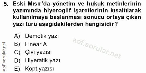5. soru: Eski Mısır'da yönetim ve hukuk metinlerinin yazımında hiyeroglif işaretlerinin kısaltılarak kullanılmaya başlanması s…