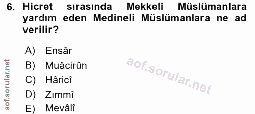 6. soru: Hicret sirasinda Mekkeli Müslümanlara yardım eden Medineli Müslümanlara ne ad verilir? A) Ensâr B) Muâcirân Hârici D)…