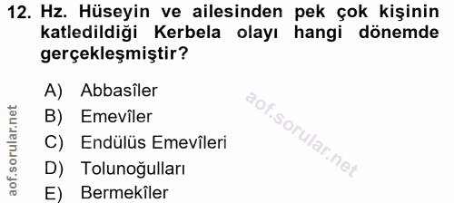 12. soru: Hz. Hüseyin ve ailesinden pek çok kişinin katledildiği Kerbela olayı hangi dönemde gerçekleşmiştir? A) Abbasiler B) E…