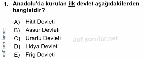 1. soru: Anadolu'da kurulan ilk devlet aşağıdakilerden hangisidir? A) Hitit Devleti B) Assur Devleti C) Urartu Devleti D) Lidy…