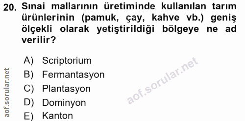20. soru: Sınai mallarının üretiminde kullanılan tarım ürünlerinin (pamuk, çay, kahve vb.) geniş ölçekli olarak yetiştirildiği…