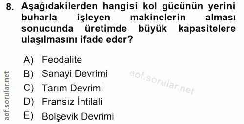 8. soru: Aşağıdakilerden hangisi kol gücünün yerini buharla işleyen makinelerin alması sonucunda üretimde büyük kapasitelere u…