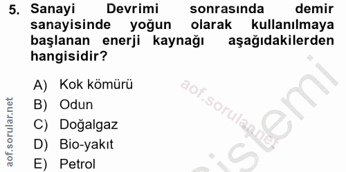 5. soru: Sanayi Devrimi sonrasında demir sanayisinde yoğun olarak kullanılmaya başlanan enerji kaynağı aşağıdakilerden hangisi…