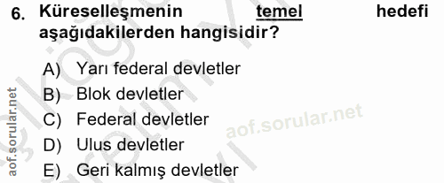 6. soru: Küreselleşmenin temel hedefi aşağıdakilerden hangisidir? A) Yarı federal devletler B) Blok devletler C) Federal devle…