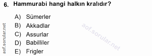6. soru: Hammurabi hangi halkın kralıdır? A) Sümerler B) Akkadlar C) Assurlar D) Babilliler E) Frigler