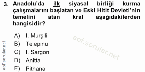 3. soru: Anadolu'da ilk siyasal birliği kurma çalışmalarını başlatan ve Eski Hitit Devleti'nin temelini atan kral aşağıdakiler…