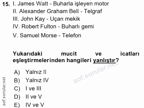15. soru: I. James Watt - Buharla işleyen motor II. Alexander Graham Bell - Telgraf III. John Kay - Uçan mekik IV. Robert Fulto…
