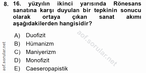 8. soru: 16. yüzyılın ikinci yarısında Rönesans sanatına karşı duyulan bir tepkinin sonucu olarak ortaya çıkan sanat akımı aşa…