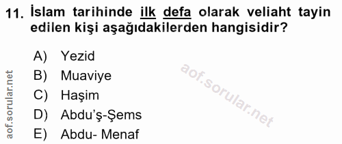11. soru: İslam tarihinde ilk defa olarak veliaht tayin edilen kişi aşağıdakilerden hangisidir? A) Yezid B) Muaviye Haşim D) Ab…