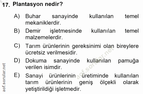 17. soru: Plantasyon nedir? A) Buhar sanayinde kullanılan temel mekaniklerdir. B) Demir işletmesinde kullanılan temel malzemele…