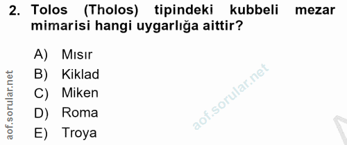2. soru: Tolos (Tholos) tipindeki kubbeli mezar mimarisi hangi uygarlığa aittir? A) Mısır B) Kiklad C) Miken D) Roma E) Troya