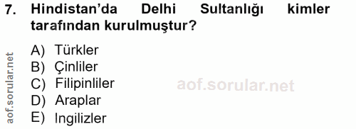 7. soru: Hindistan'da Delhi Sultanlığı Kimler tarafından kurulmuştur? A) Türkler B) Çinliler () Filipinleler D) Araplar E) Ing…