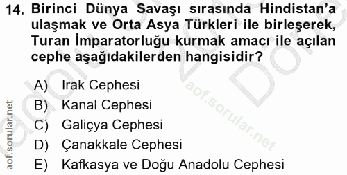14. soru: Bırinci Dünya Savaşı sırasında Hindistan'a ulaşmak ve Orta Asya Türkleri ile birleşerek, Turan İmparatorluğu kurmak a…