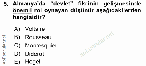 5. soru: Almanya'da "devlet" fikrinin gelişmesinde önemli rol oynayan düşünür aşağıdakilerden hangisidir? A) Voltaire B) Rouss…