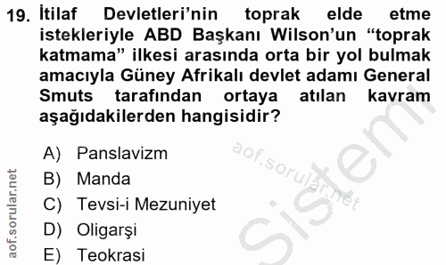 19. soru: Itilaf Devletleri'nin toprak elde etme istekleriyle ABD Başkanı Wilson'un "toprak katmama" ilkesi arasında orta bir y…