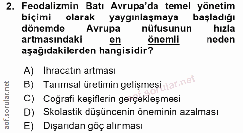 2. soru: Feodalizmin Batı Avrupa'da temel yönetim biçimi olarak yaygınlaşmaya başladığı dönemde Avrupa nüfusunun hızla artması…