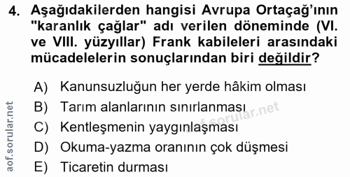 4. soru: Aşağıdakilerden hangisi Avrupa Ortaçağ'ının "karanlık çağlar" adı verilen döneminde (VI. ve VIll. yüzyıllar) Frank ka…