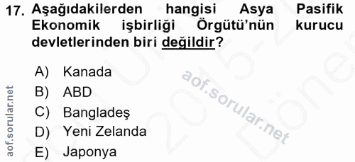 17. soru: Aşağıdakilerden hangisi Asya Pasifik Ekonomik işbirliği Örgütü'nün kurucu devletlerinden biri değildir? A) Kanada B)…