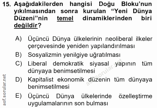 15. soru: Aşağıdakilerden hangisi Doğu Bloku'nun yıkılmasından sonra kurulan "Yeni Dünya Düzeni"nin temel dinamiklerinden biri…