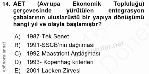 14. soru: AET (Avrupa Ekonomik Topluluğu) çerçevesinde yürütülen entegrasyon çabalarının uluslarüstü bir yapıya dönüşümü hangi…