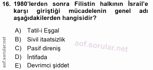 16. soru: 1980'lerden sonra Filistin halkının İsrail'e karşı giriştiği mücadelenin genel adı aşağıdakilerden hangisidir? A) Tat…